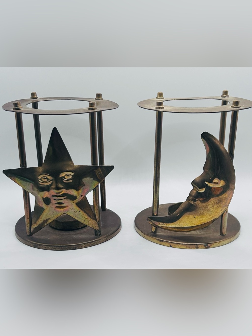 Vintage Brass Celestial Candle Warmer Stands | Man in the Moon & Star